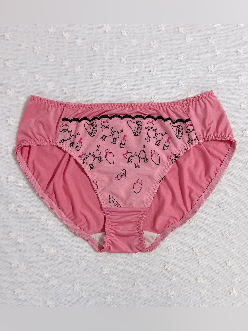 US-M/JP-3L Japanese Cute Puppy Lipstick💄 Embroidery Chiffon Trim Nylon Panties
